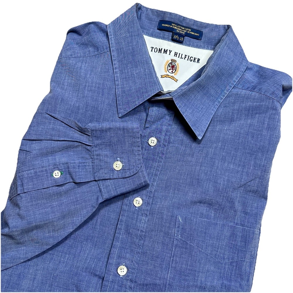Tommy Hilfiger Men's 17.5 33 Blue Cotton Denim Pattern Button Up Long Sl. Shirt‎